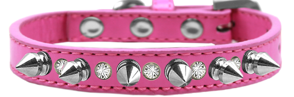 Crystal and Silver Spikes Dog Collar Bright Pink Size 16